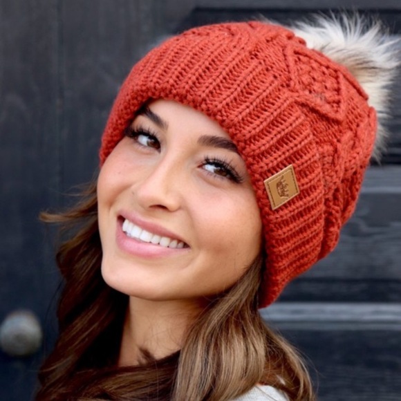 Orange Cable Knit Faux Fur Fleece Lined Beanie Hat - Picture 2 of 2